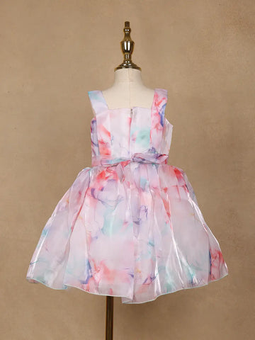 Pastel Watercolor Print Satin Party Frock with Pearl Bow Accent - Diadem