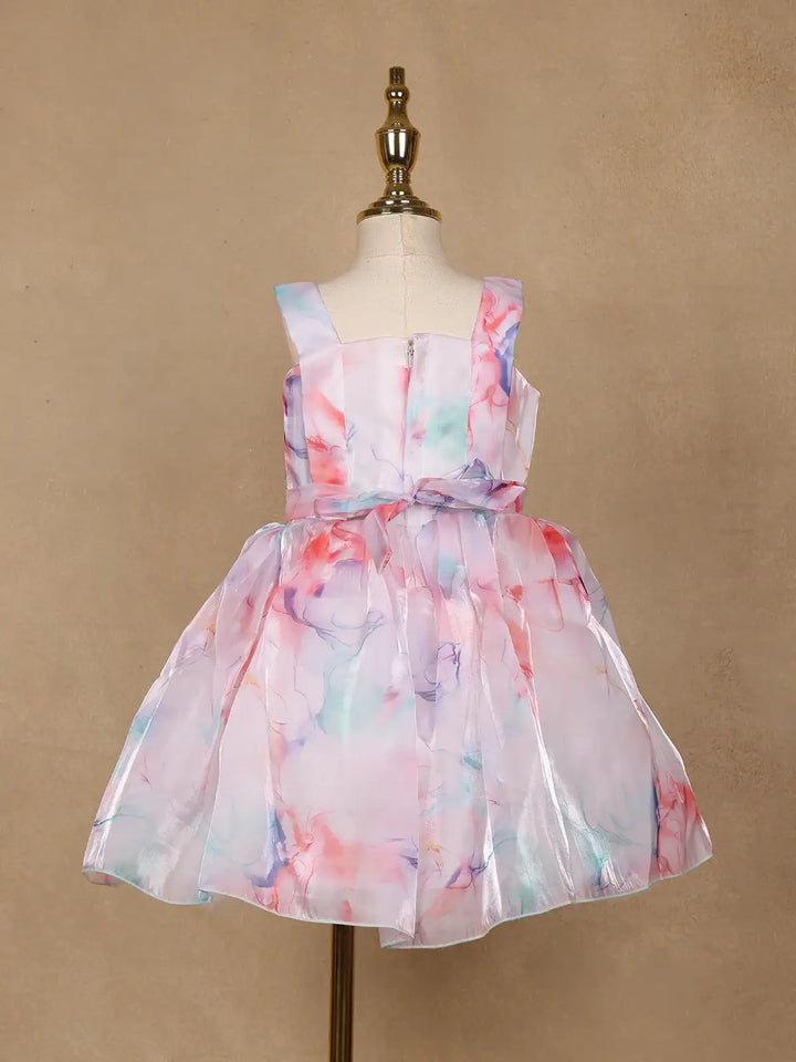 Pastel Watercolor Print Satin Party Frock with Pearl Bow Accent - Diadem