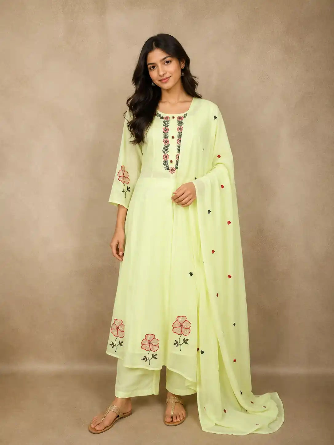 Pastel Yellow Floral Embroidered Cotton Anarkali Suit with Dupatta