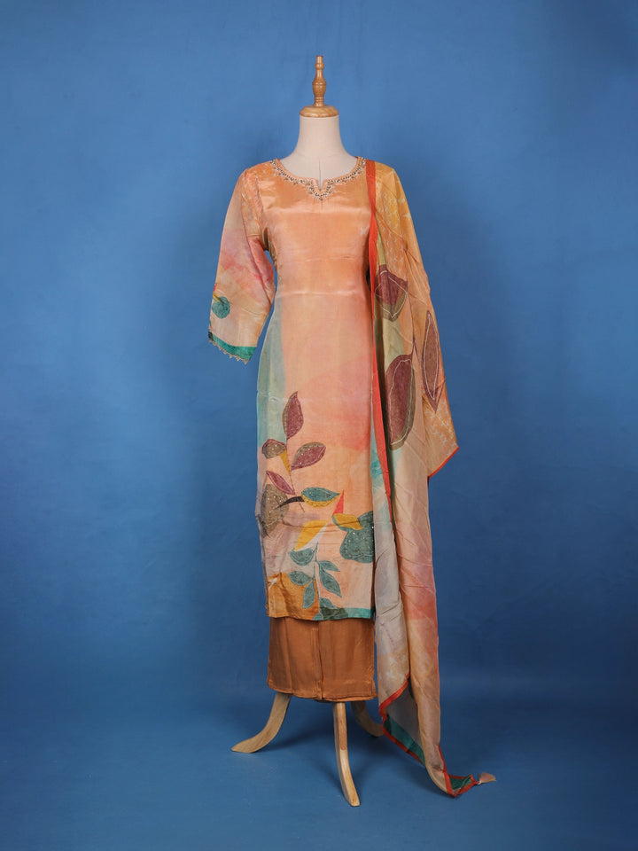 Peach-Orange Floral Embroidered Sequin Work Georgette Salwar Suit - Diadem