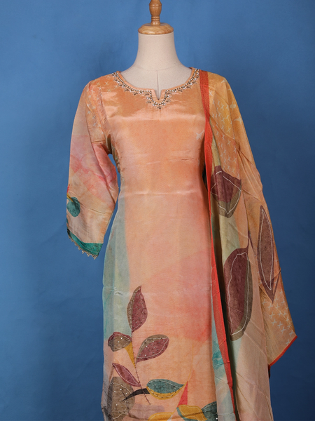 Peach-Orange Floral Embroidered Sequin Work Georgette Salwar Suit - Diadem