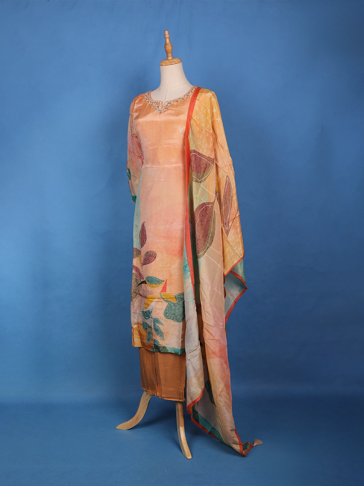Peach-Orange Floral Embroidered Sequin Work Georgette Salwar Suit - Diadem