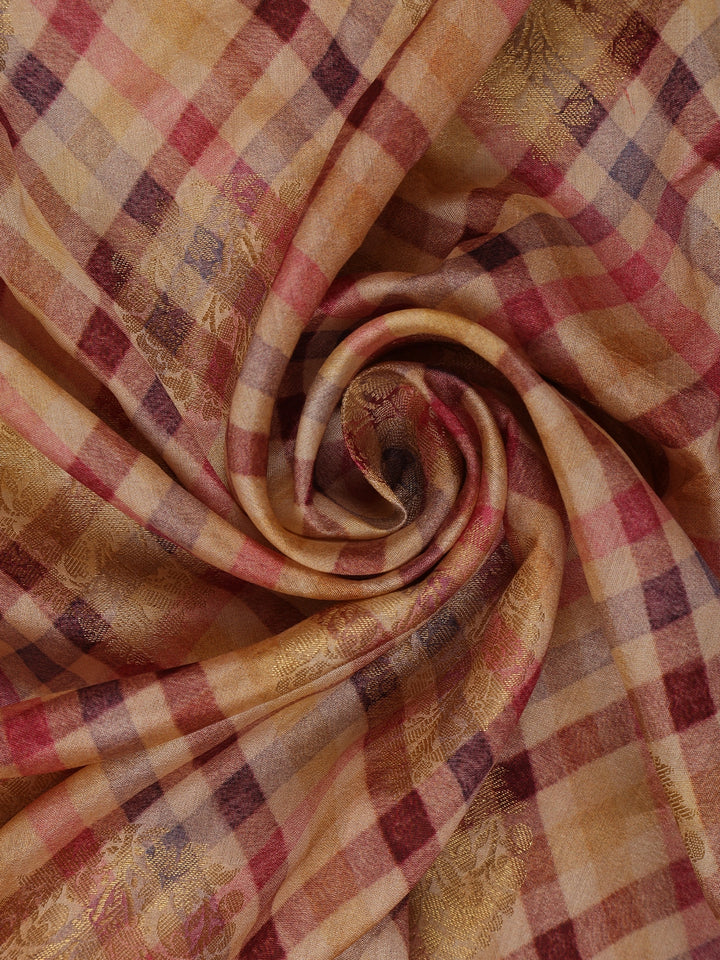 Peach Banarasi Saree with Checked Design on the Body and Contrast Border - Diadem