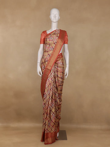 Peach Banarasi Saree with Checked Design on the Body and Contrast Border - Diadem
