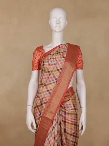 Peach Banarasi Saree with Checked Design on the Body and Contrast Border - Diadem
