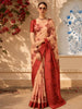 Peach Beige Floral Woven Design Pure Tussar Saree with Contrast Terracotta Rust Border