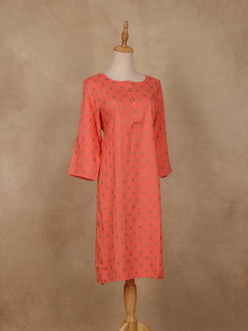 Peach Checks Printed Cotton Kurti - Diadem