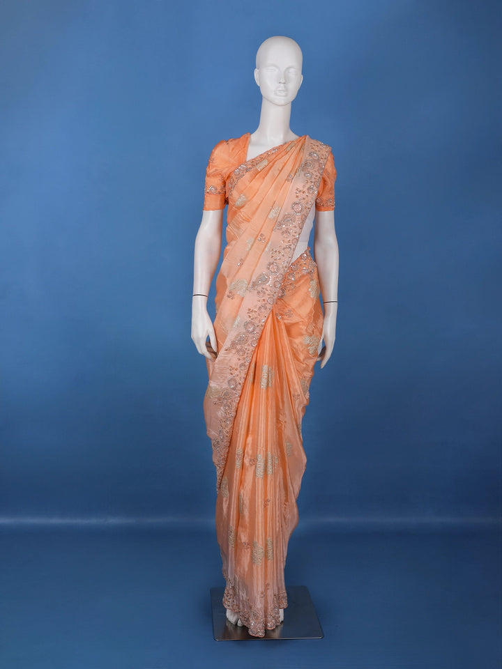 Peach Floral Design Satin Saree - Diadem