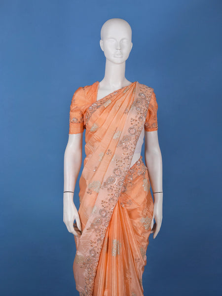 Peach Floral Design Satin Saree - Diadem