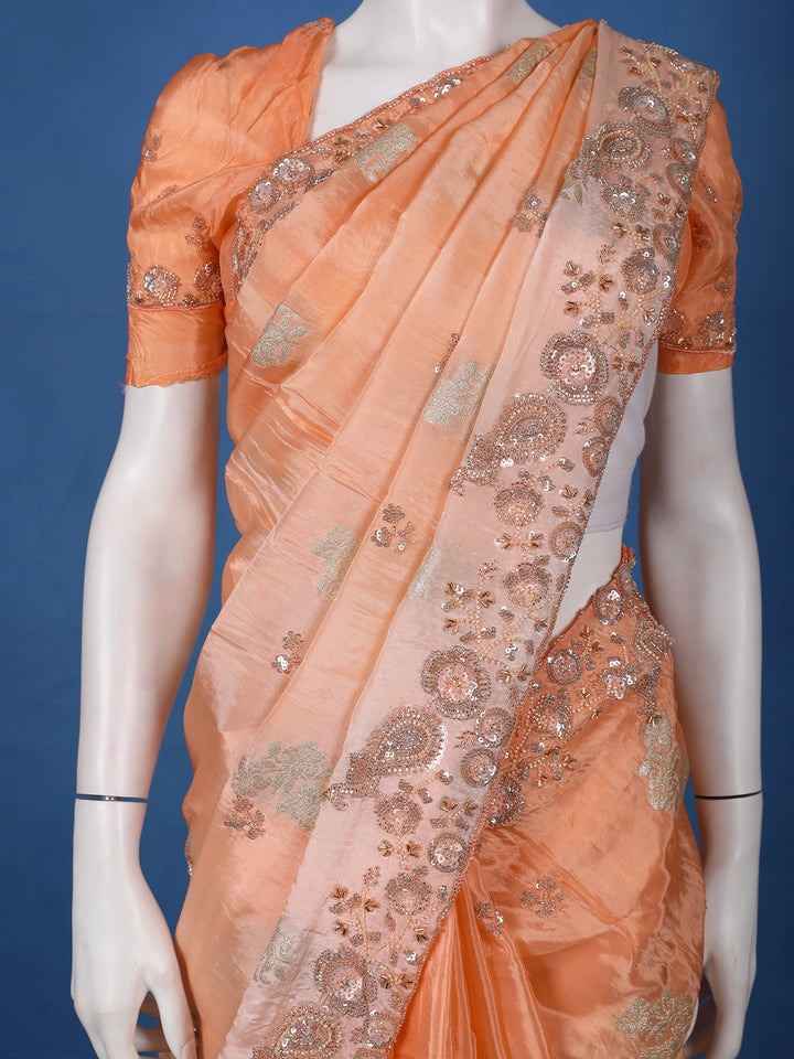 Peach Floral Design Satin Saree - Diadem