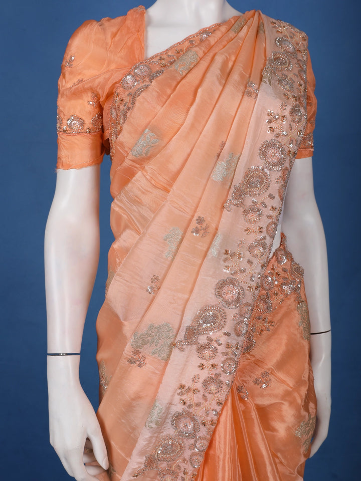 Peach Floral Design Satin Saree - Diadem