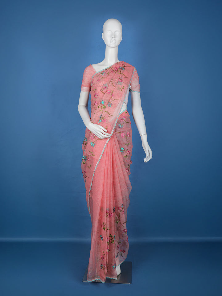 Peach Floral Embroidered Kota Cotton Saree - Diadem