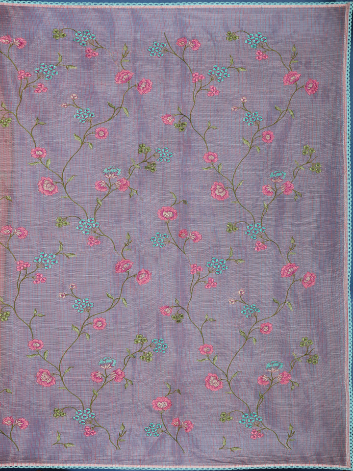 Peach Floral Embroidered Kota Cotton Saree - Diadem