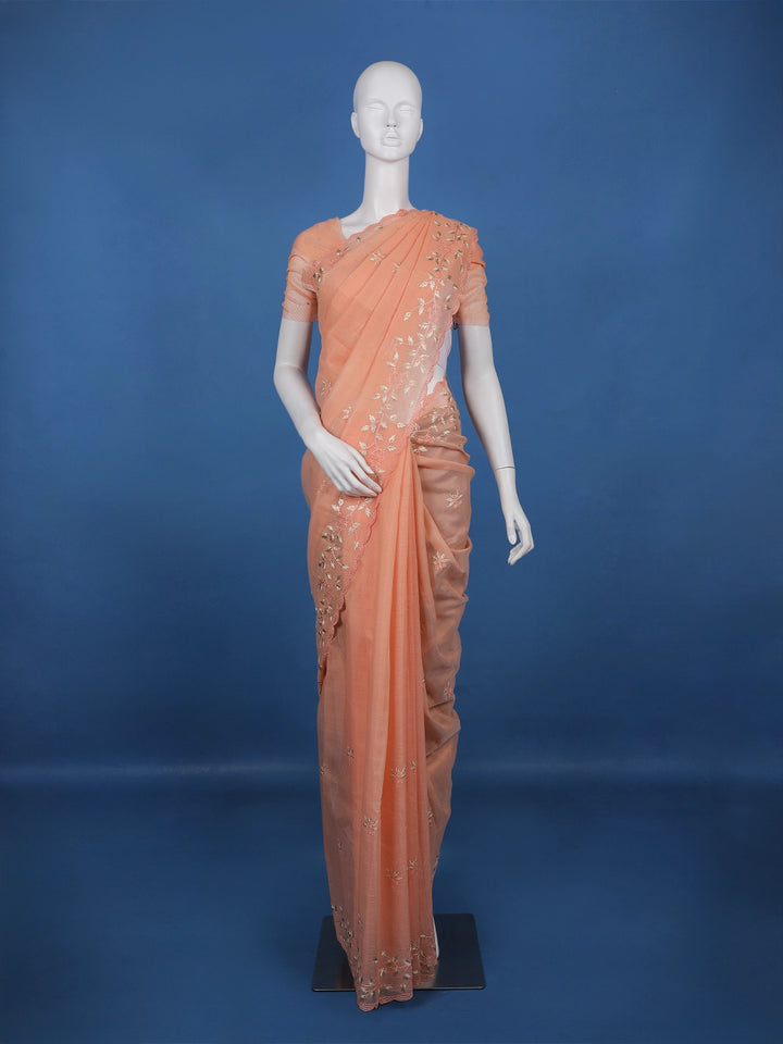 Peach Floral Embroidered Tissue Saree with Scalloped Border - Diadem