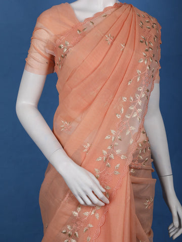 Peach Floral Embroidered Tissue Saree with Scalloped Border - Diadem