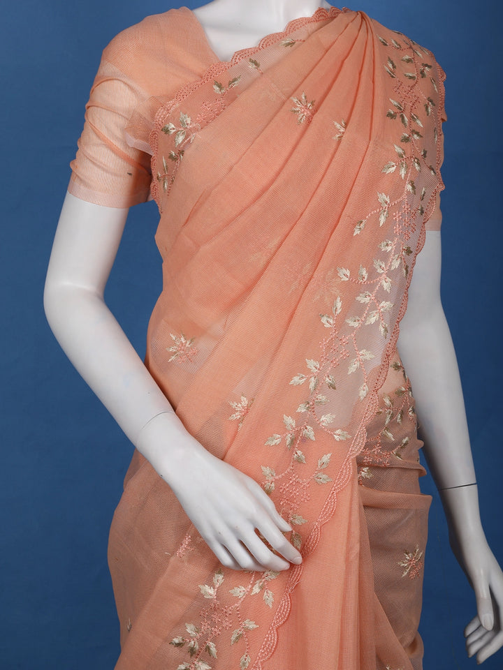 Peach Floral Embroidered Tissue Saree with Scalloped Border - Diadem