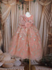Peach Floral Glitter Design Net Kids Gown with Oversized Bow Detailing