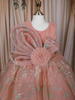 Peach Floral Glitter Design Net Kids Gown with Oversized Bow Detailing