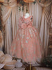 Peach Floral Glitter Design Net Kids Gown with Oversized Bow Detailing