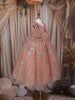 Peach Floral Glitter Design Net Kids Gown with Oversized Bow Detailing