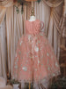 Peach Floral Glitter Design Net Kids Gown with Oversized Bow Detailing