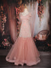 Peach Floral Sequins Embroidered Net Mermaid Gown with Beaded Tassel Sleeves