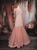 Peach Floral Sequins Embroidered Net Mermaid Gown with Beaded Tassel Sleeves