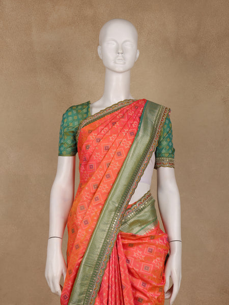 Peach Geometric Diamond Designed Silk Saree - Diadem