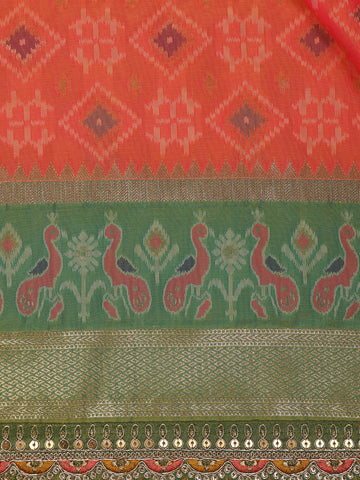 Peach Geometric Diamond Designed Silk Saree - Diadem