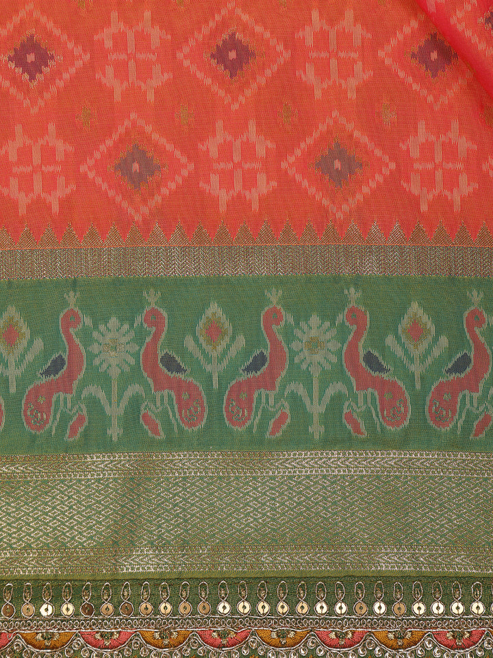 Peach Geometric Diamond Designed Silk Saree - Diadem