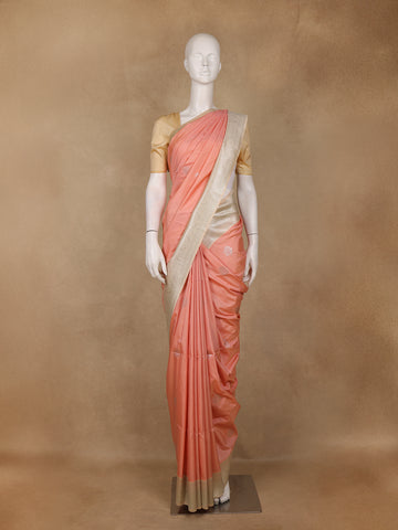 Peach Leaf Woven Soft Silk Saree With Beige Contrast Border - Diadem