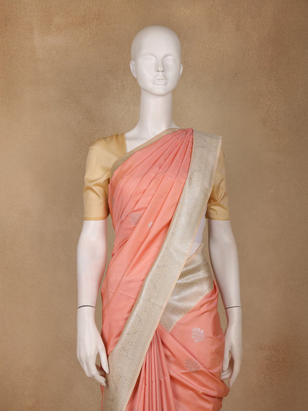 Peach Leaf Woven Soft Silk Saree With Beige Contrast Border - Diadem