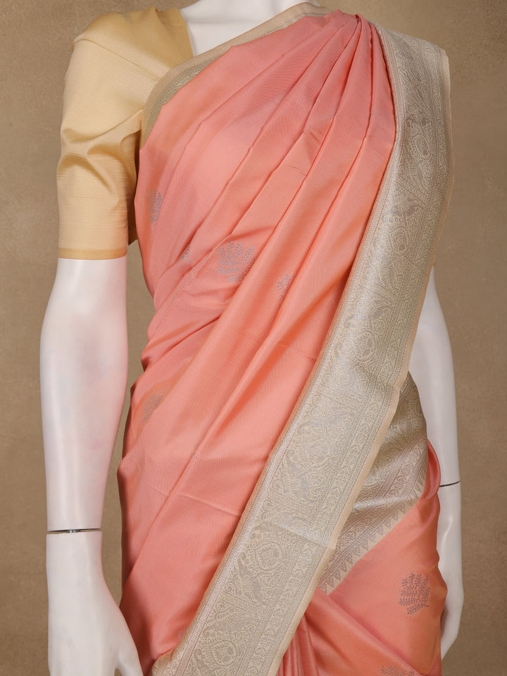 Peach Leaf Woven Soft Silk Saree With Beige Contrast Border - Diadem