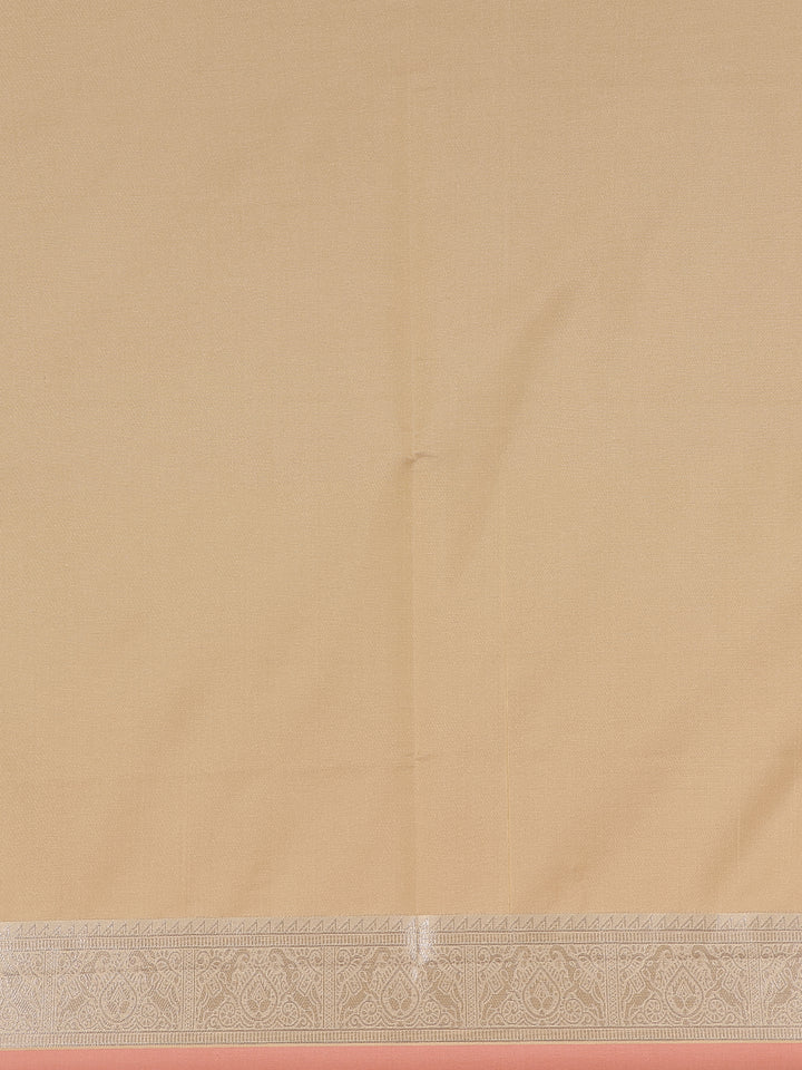 Peach Leaf Woven Soft Silk Saree With Beige Contrast Border - Diadem