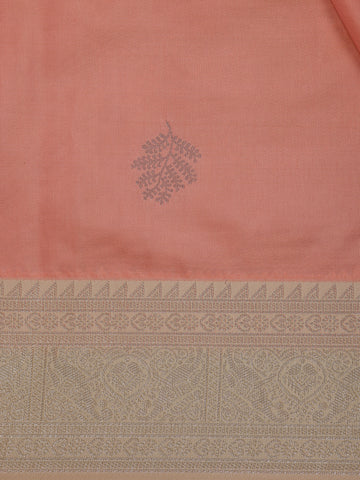 Peach Leaf Woven Soft Silk Saree With Beige Contrast Border - Diadem