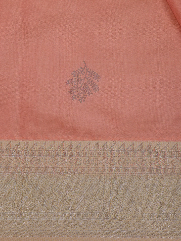 Peach Leaf Woven Soft Silk Saree With Beige Contrast Border - Diadem