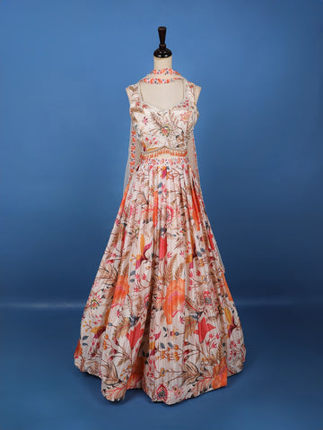 Peach Multi-Color Floral Embroidered Synthetic Lehenga Set - Diadem