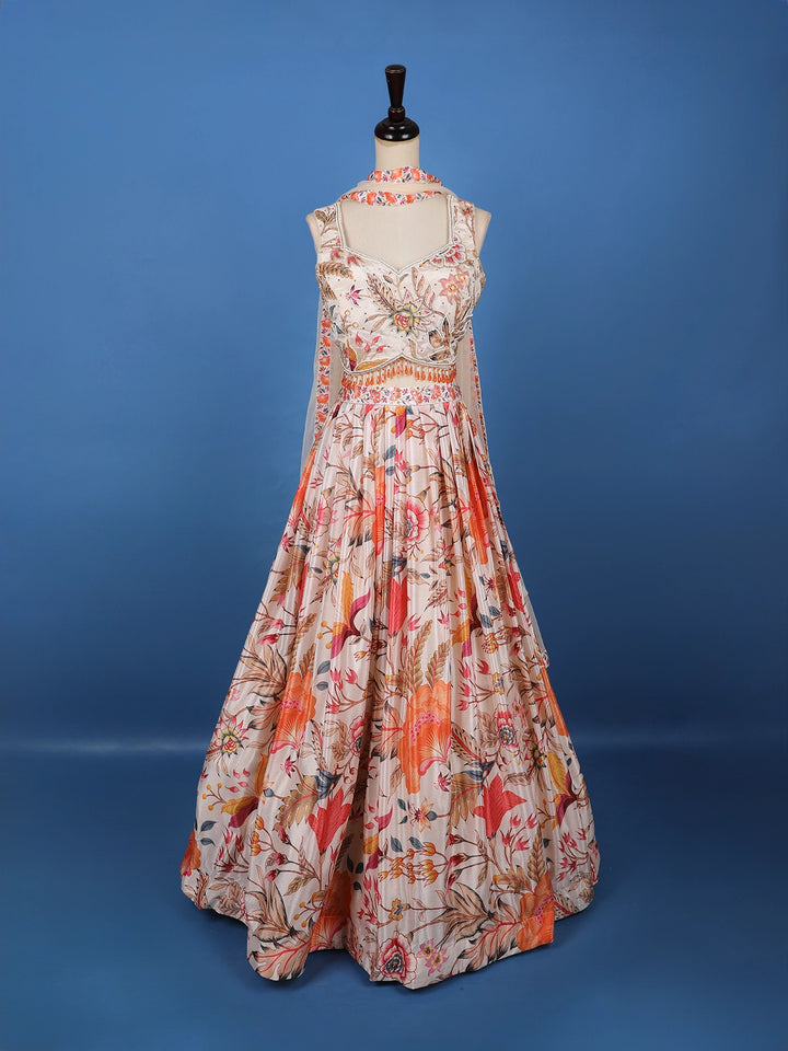 Peach Multi-Color Floral Embroidered Synthetic Lehenga Set - Diadem