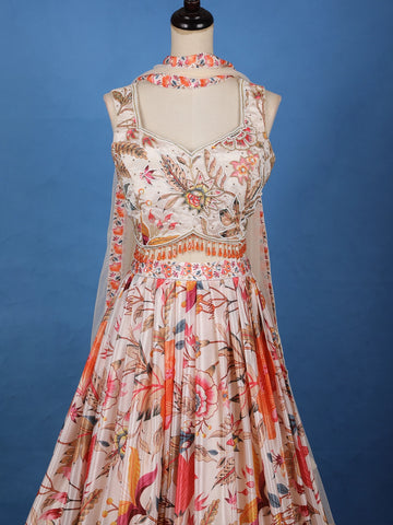 Peach Multi-Color Floral Embroidered Synthetic Lehenga Set - Diadem
