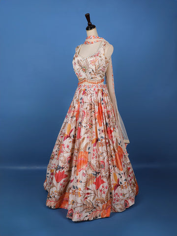 Peach Multi-Color Floral Embroidered Synthetic Lehenga Set - Diadem