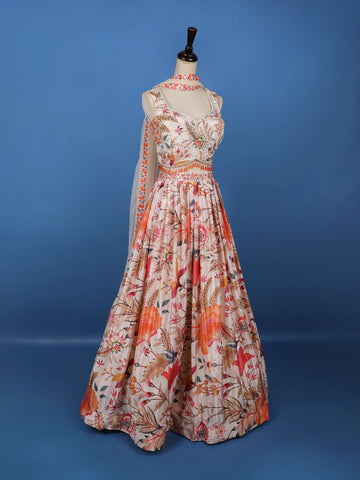 Peach Multi-Color Floral Embroidered Synthetic Lehenga Set - Diadem