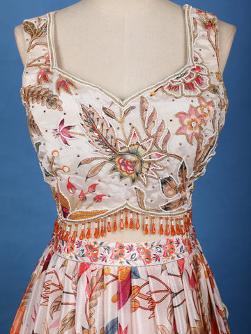 Peach Multi-Color Floral Embroidered Synthetic Lehenga Set - Diadem