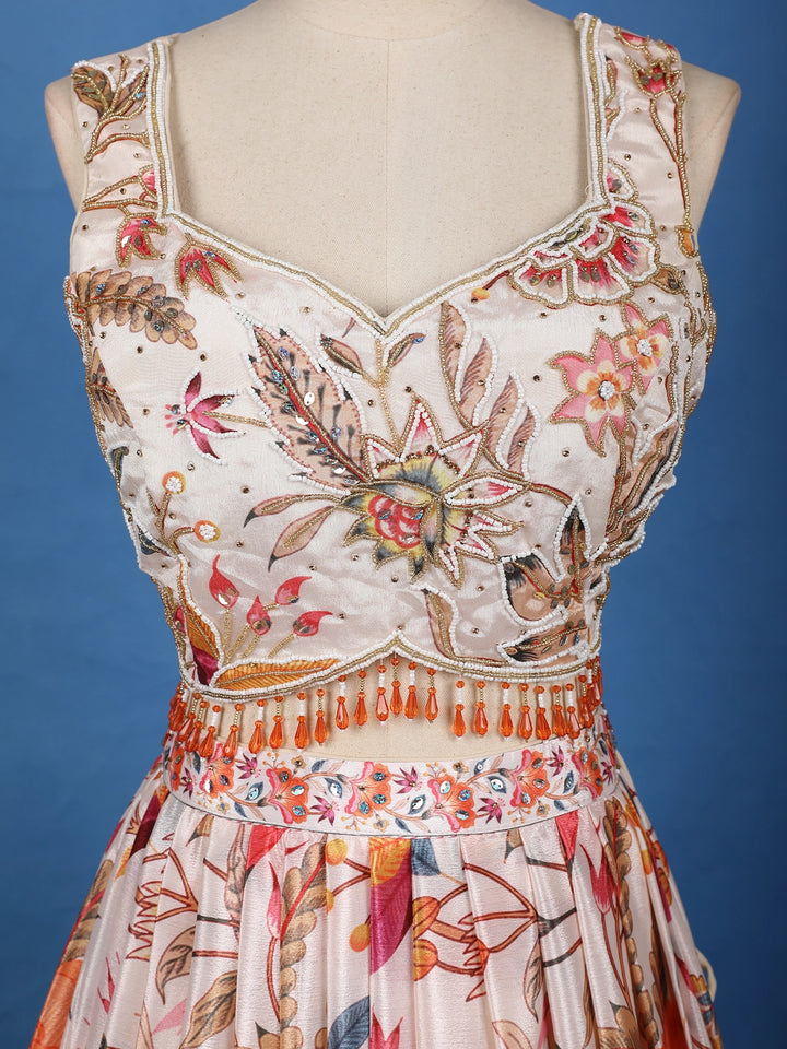 Peach Multi-Color Floral Embroidered Synthetic Lehenga Set - Diadem
