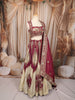 Deep Wine and Ivory Gold Floral Sequins and Zari Embroidered Design Tissue Silk Festive Lehenga with Matching Designer Dupatta