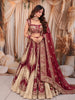 Deep Wine and Ivory Gold Floral Sequins and Zari Embroidered Design Tissue Silk Festive Lehenga with Matching Designer Dupatta