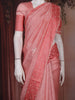 Peach Pink Floral Embroidered Raw Silk Saree