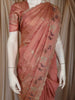 Peach Rose Floral Embroidered Design Satin Saree with Designer Border