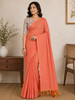 Peach Solid Design Cotton Casual Wear Saree with Kalamkari Blouse