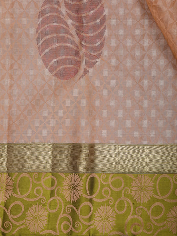 Peach Woven Design Pure Kanchipuram Silk Saree with Olive Green Floral Zari Border - Diadem
