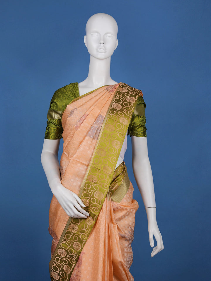 Peach Woven Design Pure Kanchipuram Silk Saree with Olive Green Floral Zari Border - Diadem